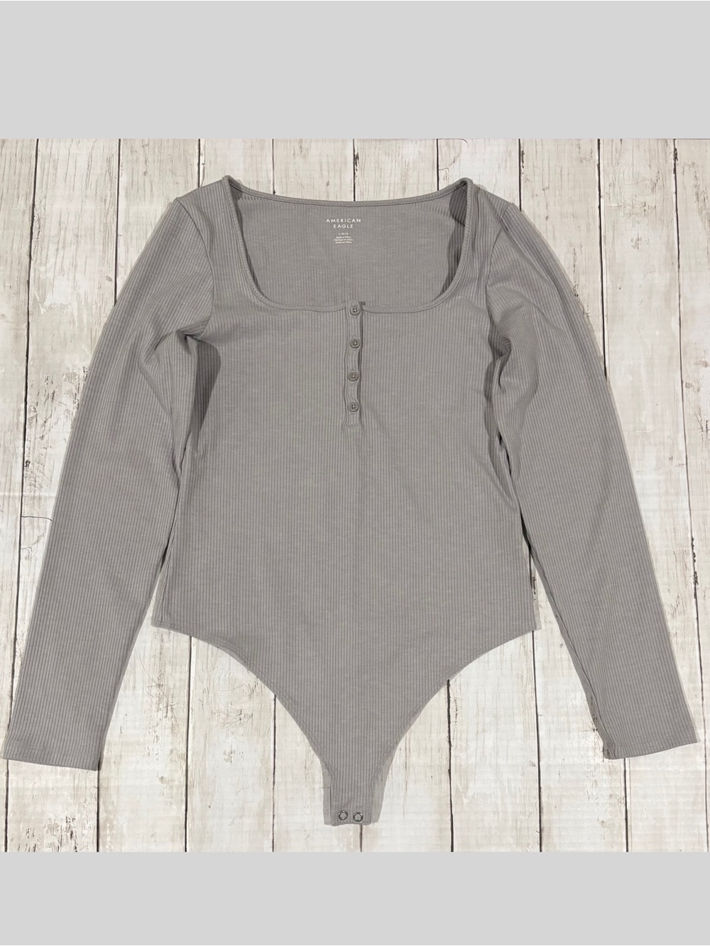 American Eagle Ribbed Henley Bodysuit Top Light Grey Large